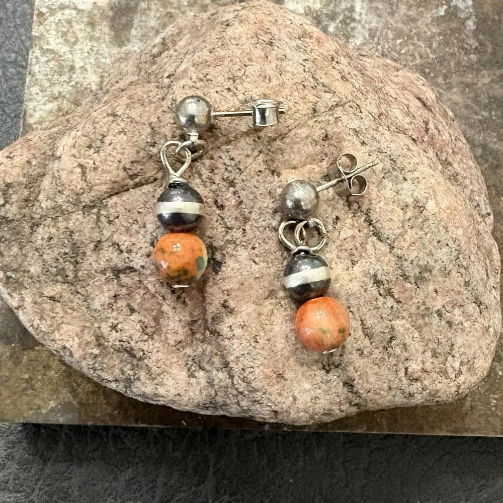 Spiny Oyster Copper Turquoise Sterling Navajo‎ Pearl Stud Earrings Southwestern